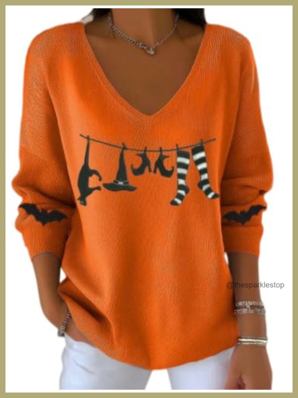 Womens Long Sleeve V Neck Pullover Sweater Loose Fit Halloween Thanksgiving